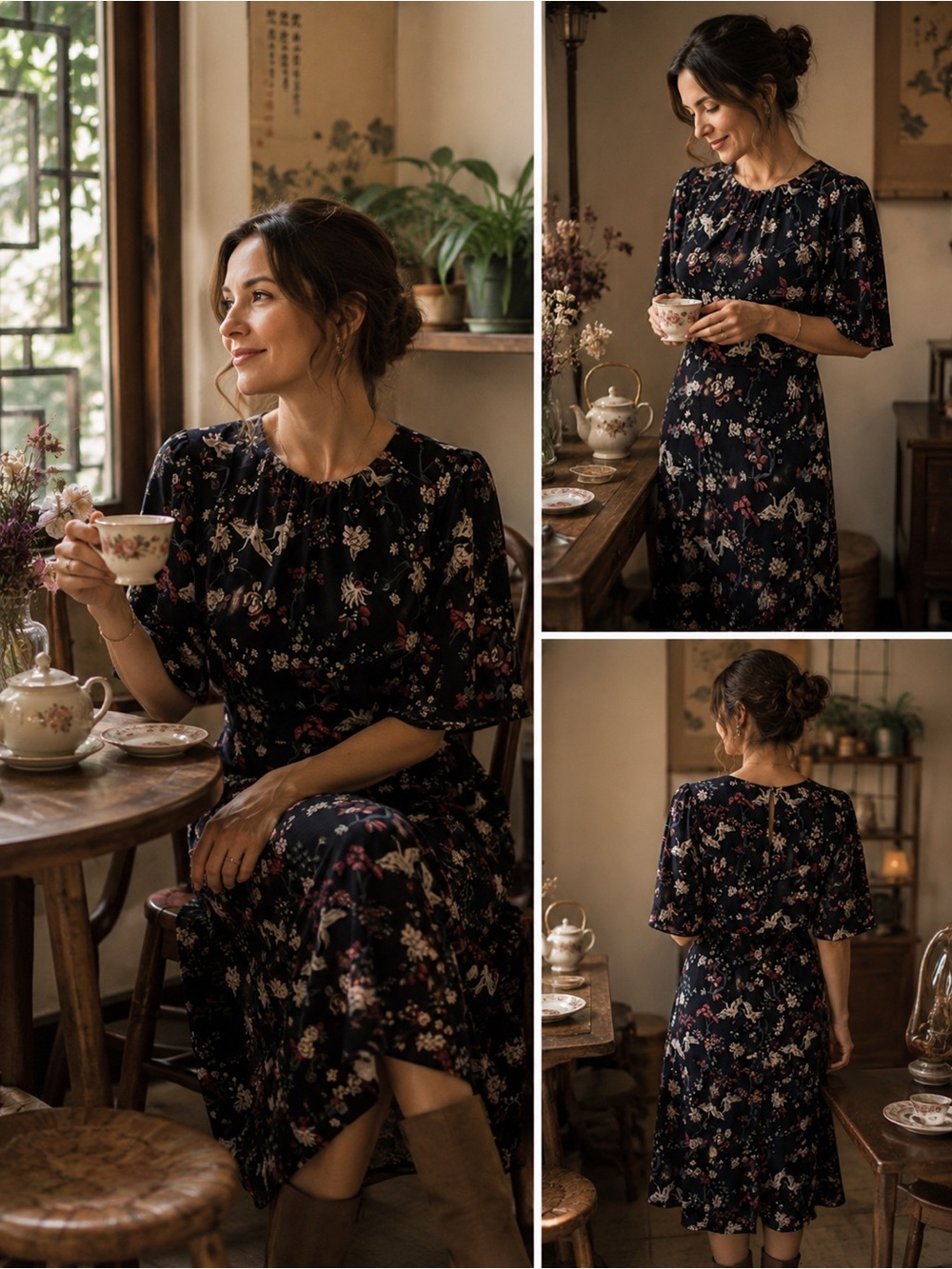 Floral Print Midi Dress in Black with Pink and White Accents
